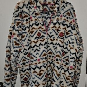 Eddie Bauer White Geo-Print Fleece Pullover with Navy, Brown & Pink Accents